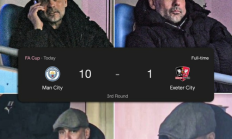 瓜帅停赛看台目睹曼城10-1大胜，收获个人执教纪录